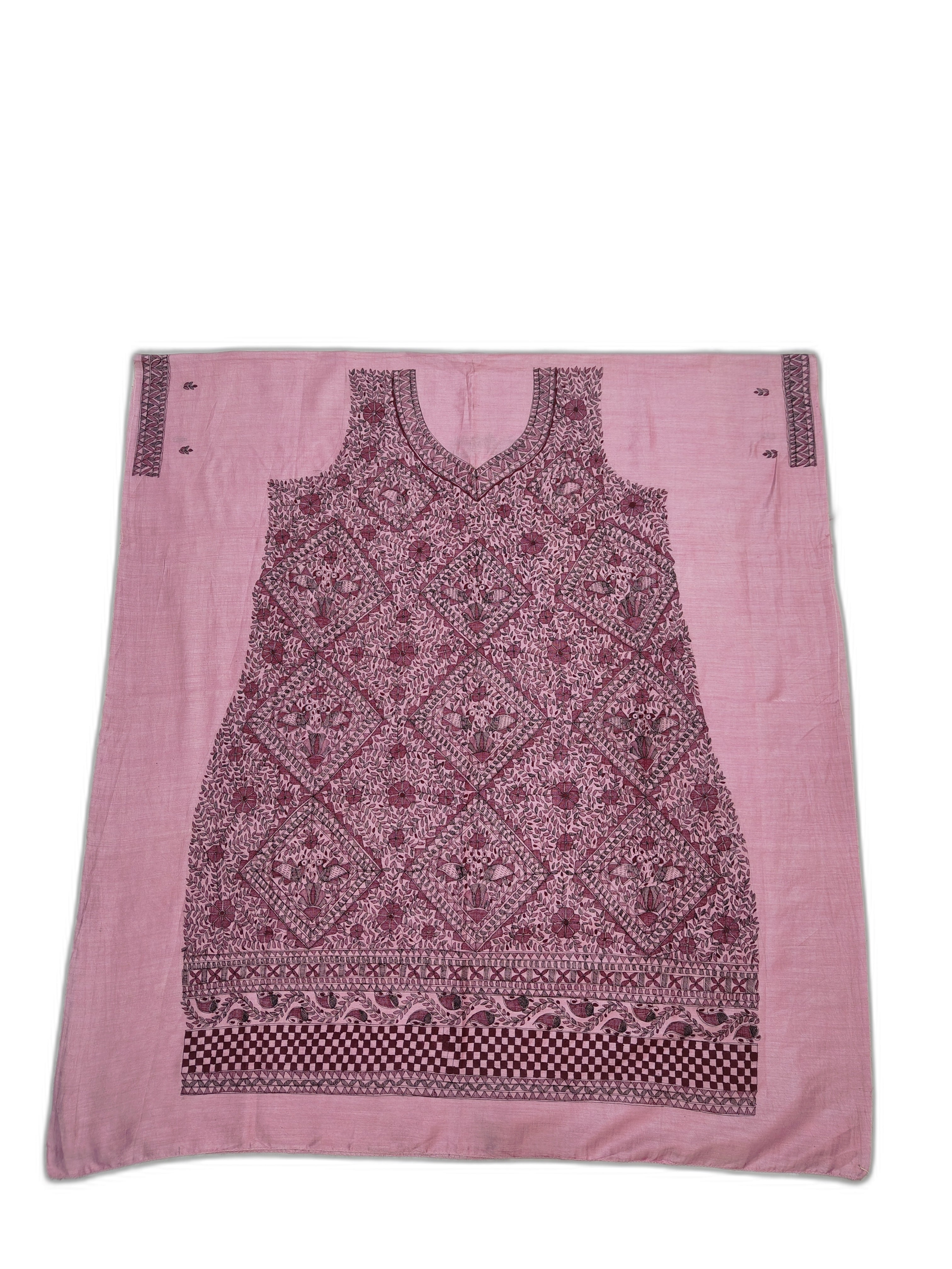 All Over Hand-Painted Unstitched Madhubani Kurti on Tussar Munga Silk – Pink